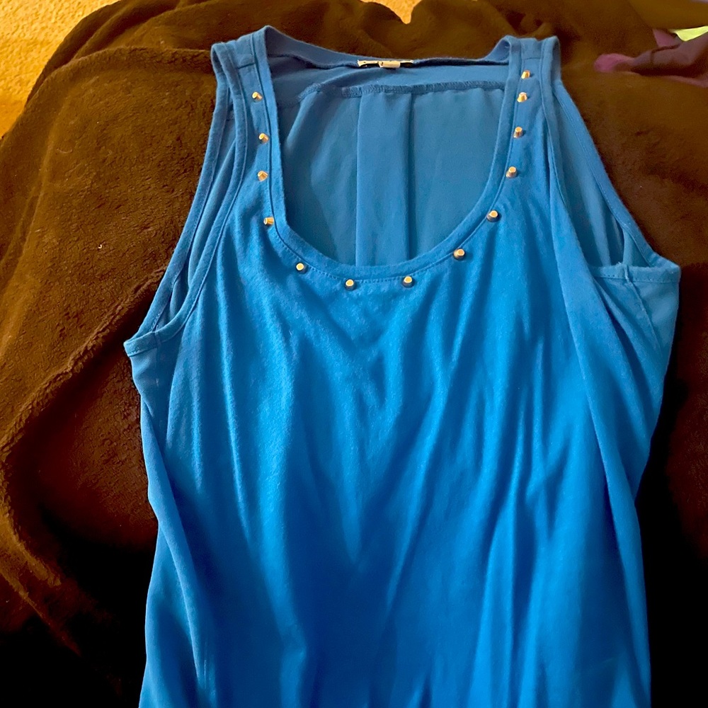 Blue express tank. Sheer back. Metal rhinestones.